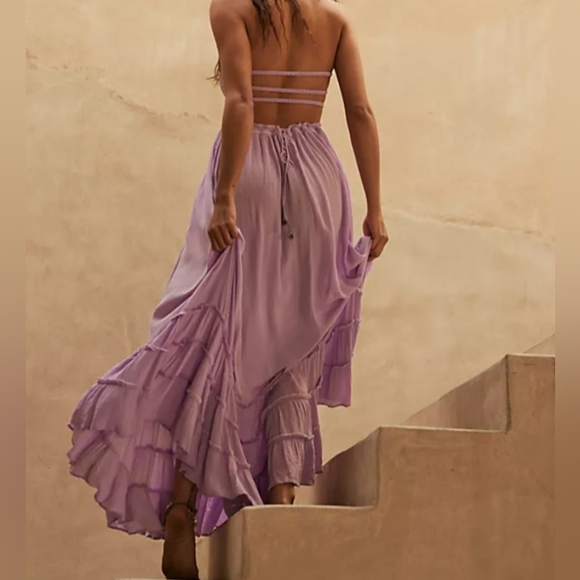 Lavender Lilac Long Gauze Boho Maxi Dress Tiered Flowy Bohemian Beach Vacation - Picture 3 of 15